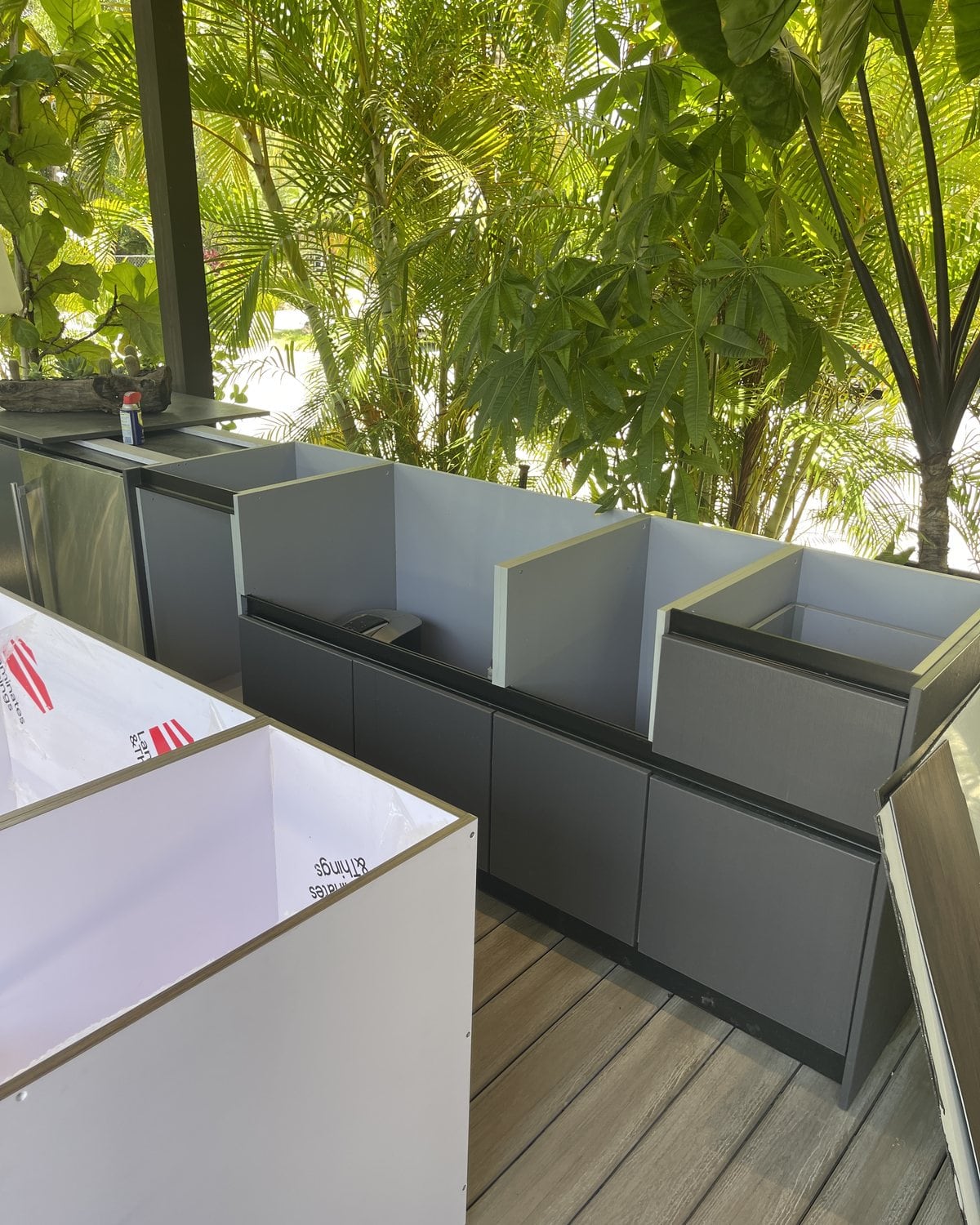 LANDIIN design study: graphite cabinet run shown with open cabinet boxes